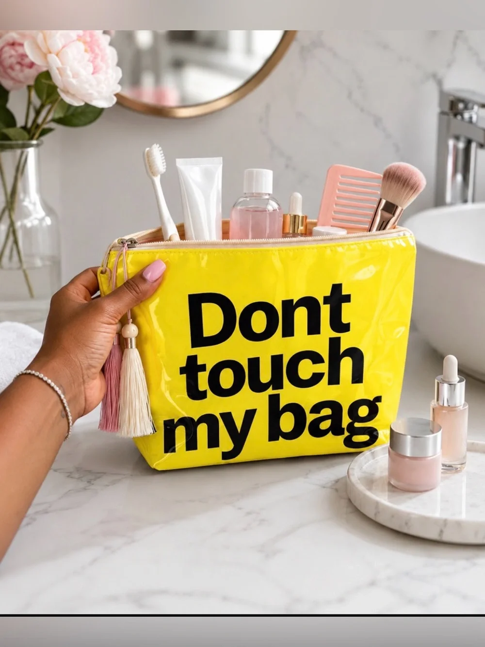 Yellow 'Don't Touch My Bag' Vinyl Pouch with Tassel